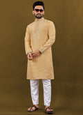 Prazu Fashion Yellow Matka Silk All Over Silver Jari With Embroidery Buti Designer Kurta For Men's | Grocsy