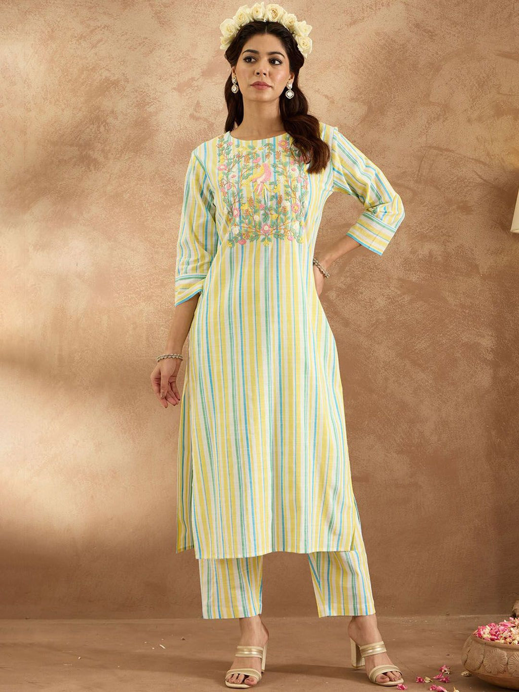 Indo Era Women Floral Embroidered Regular Thread Work Pure Cotton Kurta with Trousers | Grocsy