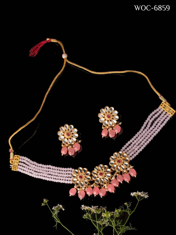 Mominos Fashion Johar Kamal Women's Pink Beads Pearls Gold-Polished Jewellery Set | Grocsy