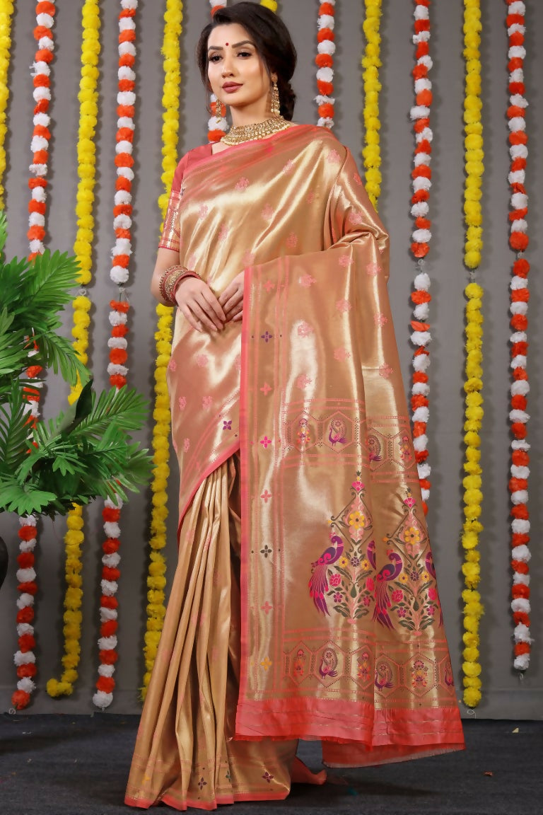 Jyoti Fashion Women's Peach Paithani Silk Zari Woven Saree with Blouse | Grocsy