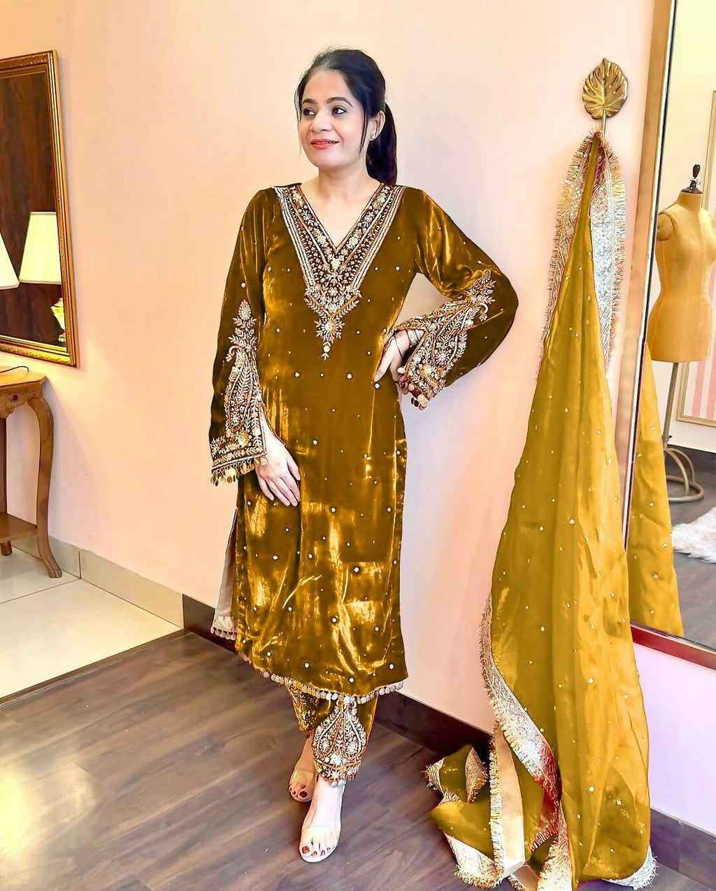 Joban Fashion Mustard Gold Velvet Embroidery Kurta Set | Grocsy
