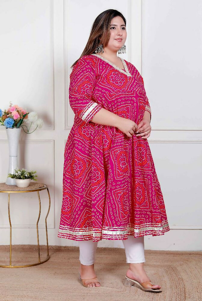 Miravan Plus Size Women'S Pink Cotton Bandhani Ethnic Anarkali Kurta | Grocsy