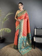 Elora Coral Pink Soft Silk Intricate Motifs Zari Weaving Banarasi Saree With Contrast Weaving Border | Grocsy