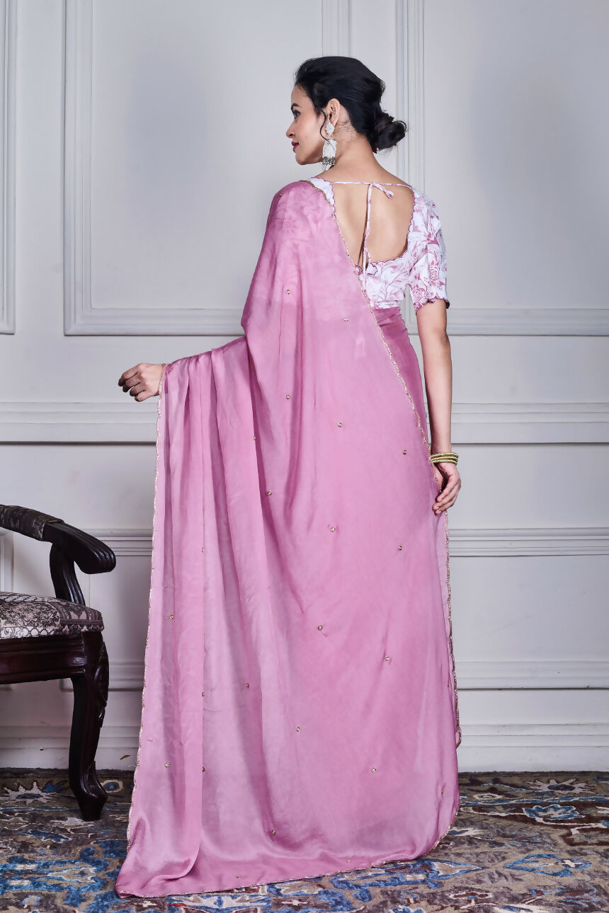 Morchari Purple Chiffon Hand Embroidery Saree And Stitched Blouse | Grocsy