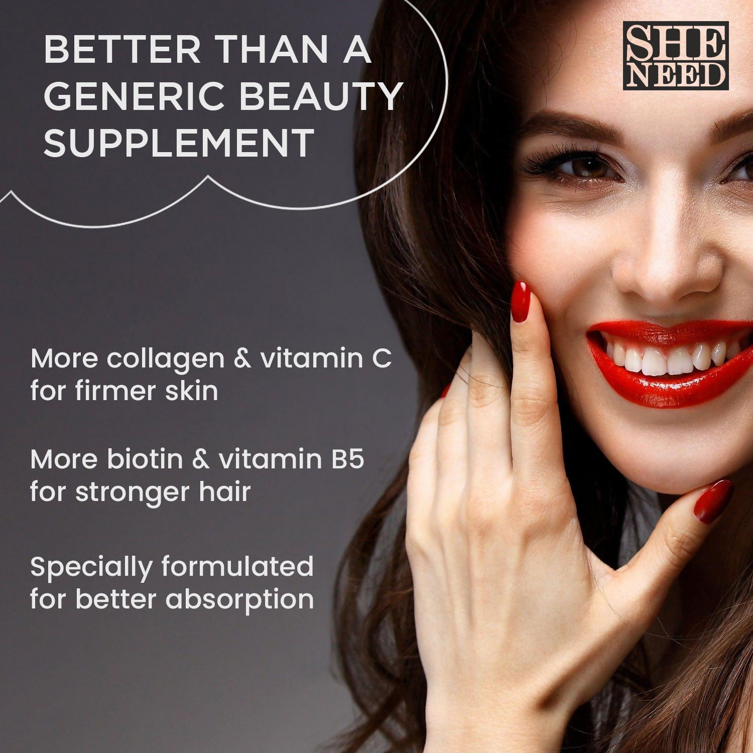SheNeed Hair, Skin & Nails Vitamins Capsules | Grocsy
