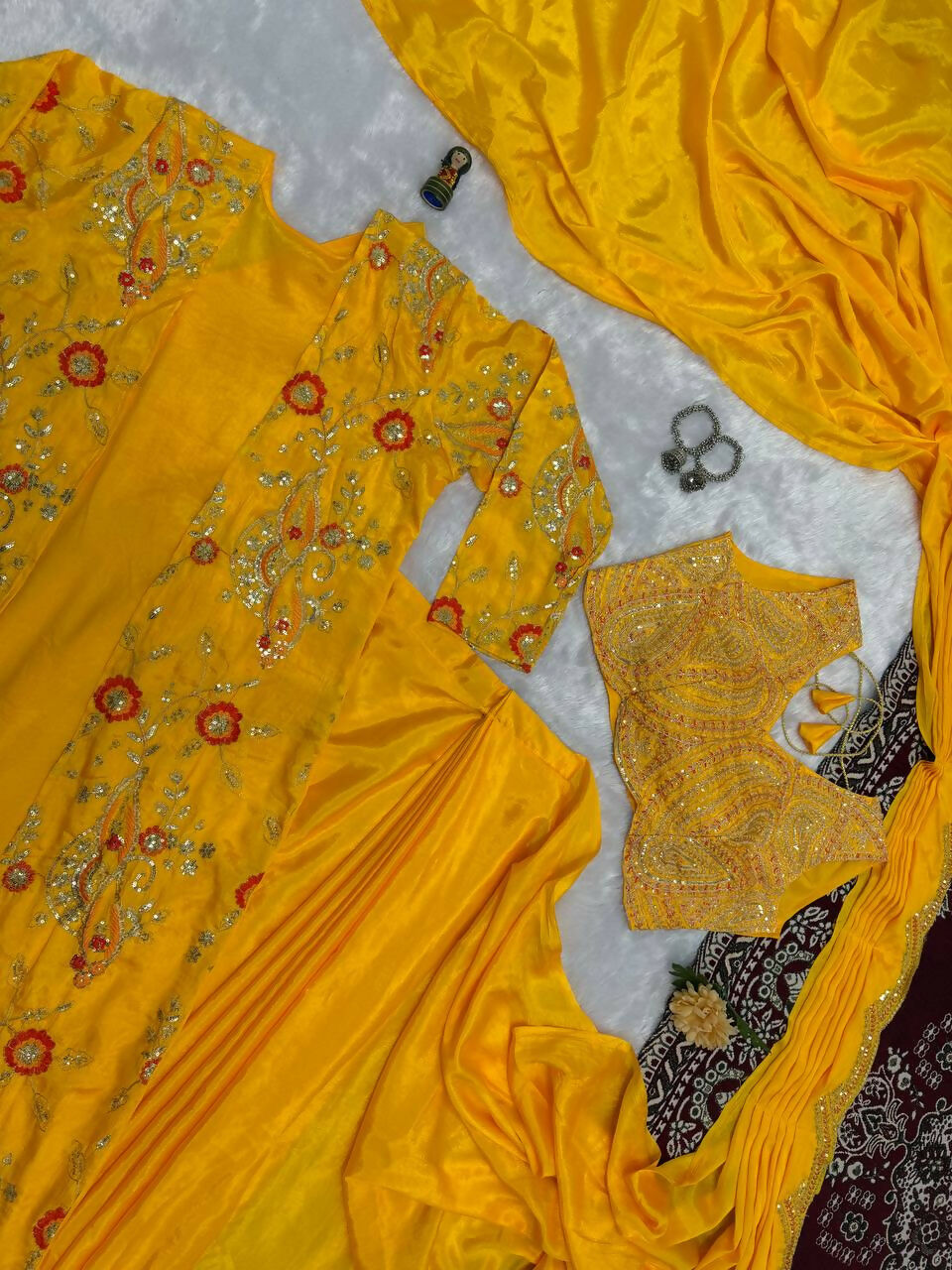 Teeya Creation Yellow Color Chinon Silk Designer Embroidery Work Ready To Wear Saree With Koti | Grocsy