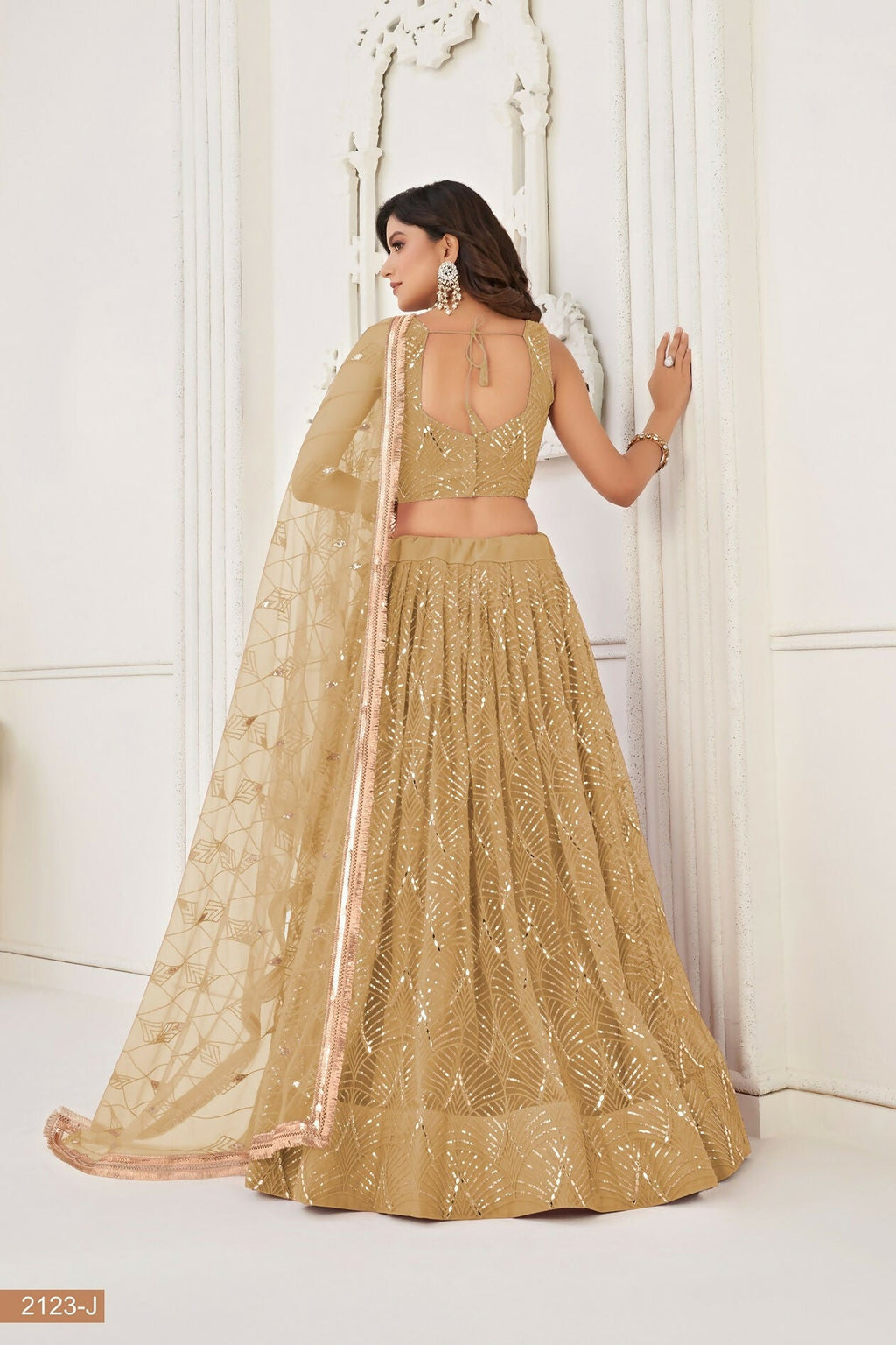 Eilara Beige Sequin Thread Embroidered Net Lehenga Set | Grocsy