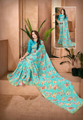Blue Georgette Floral Printed Saree With Unstitched Blouse Piece - Jyoti | Grocsy