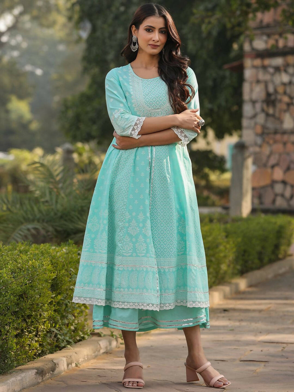 Juniper Women's Aqua Cambric Floral Printed Double Layered Kalidar Dress | Grocsy