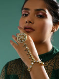 Women's Gold-Toned White Brass Kundan Gold-Polished Link Bracelet - Ruby Raang | Grocsy