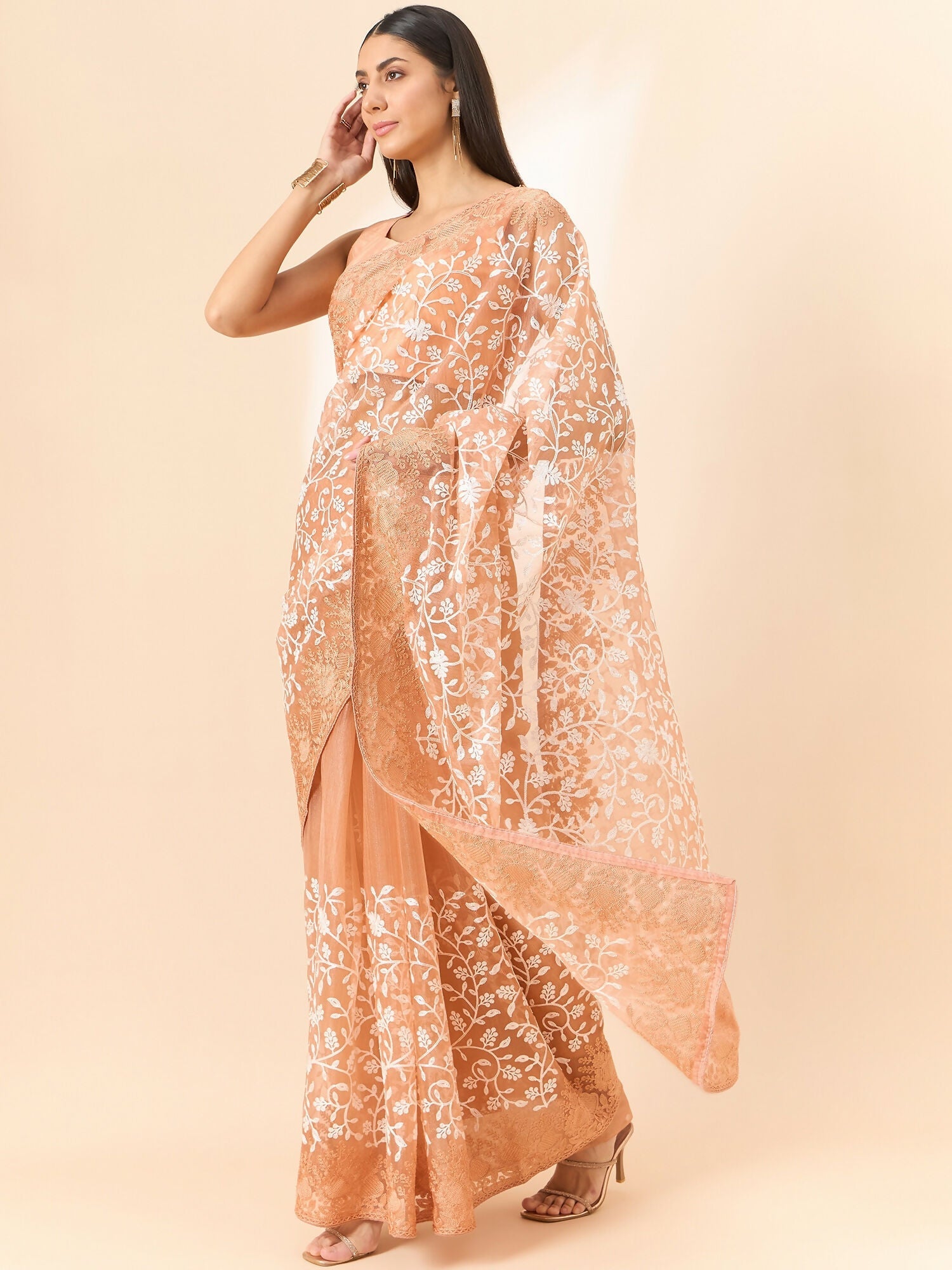 Peach Organza Floral Embroidered Saree with Unstitched Blouse Piece - Roozal | Grocsy