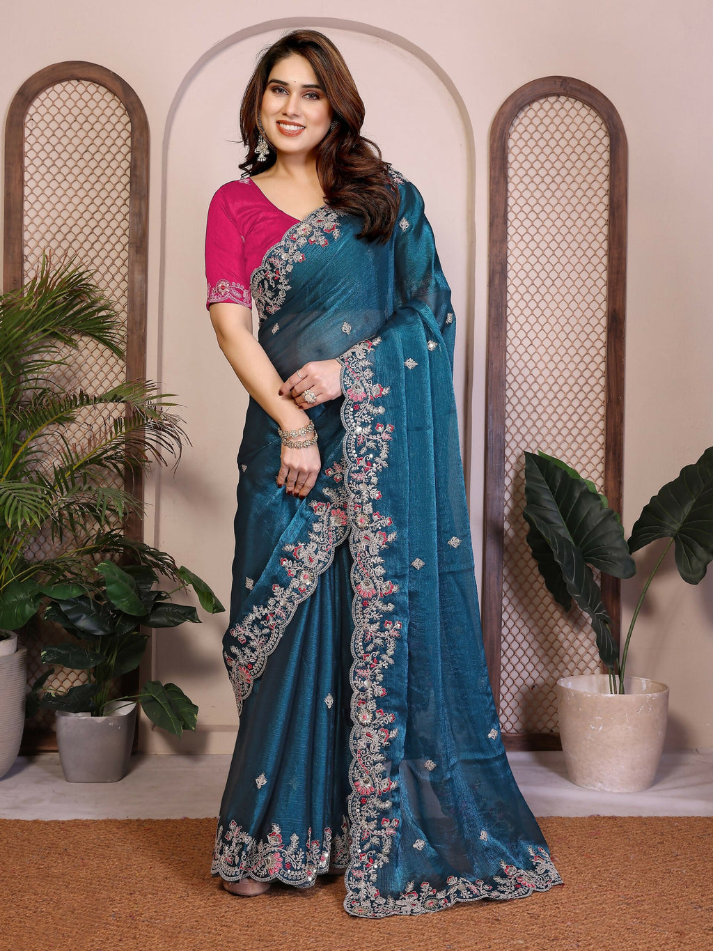 Teeya Creation New Womens Latest Party Wear Soft Chiffon Silk Saree-Blue | Grocsy