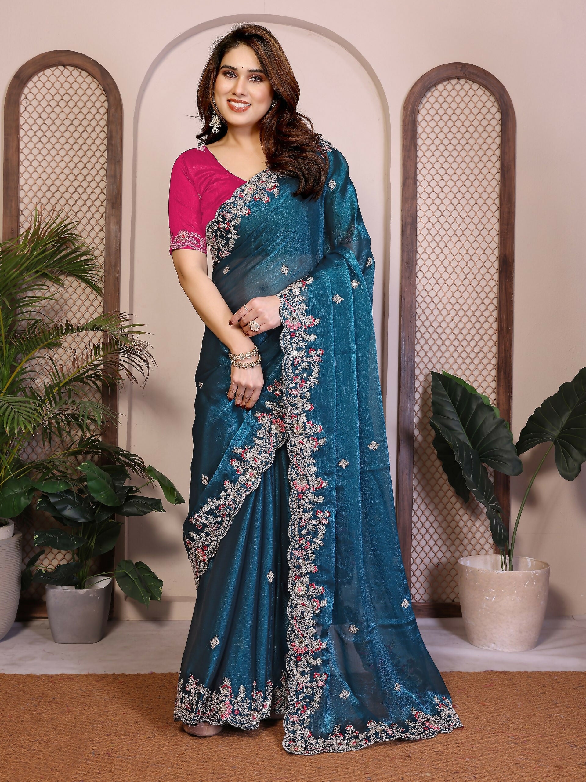 Teeya Creation New Womens Latest Party Wear Soft Chiffon Silk Saree-Blue | Grocsy