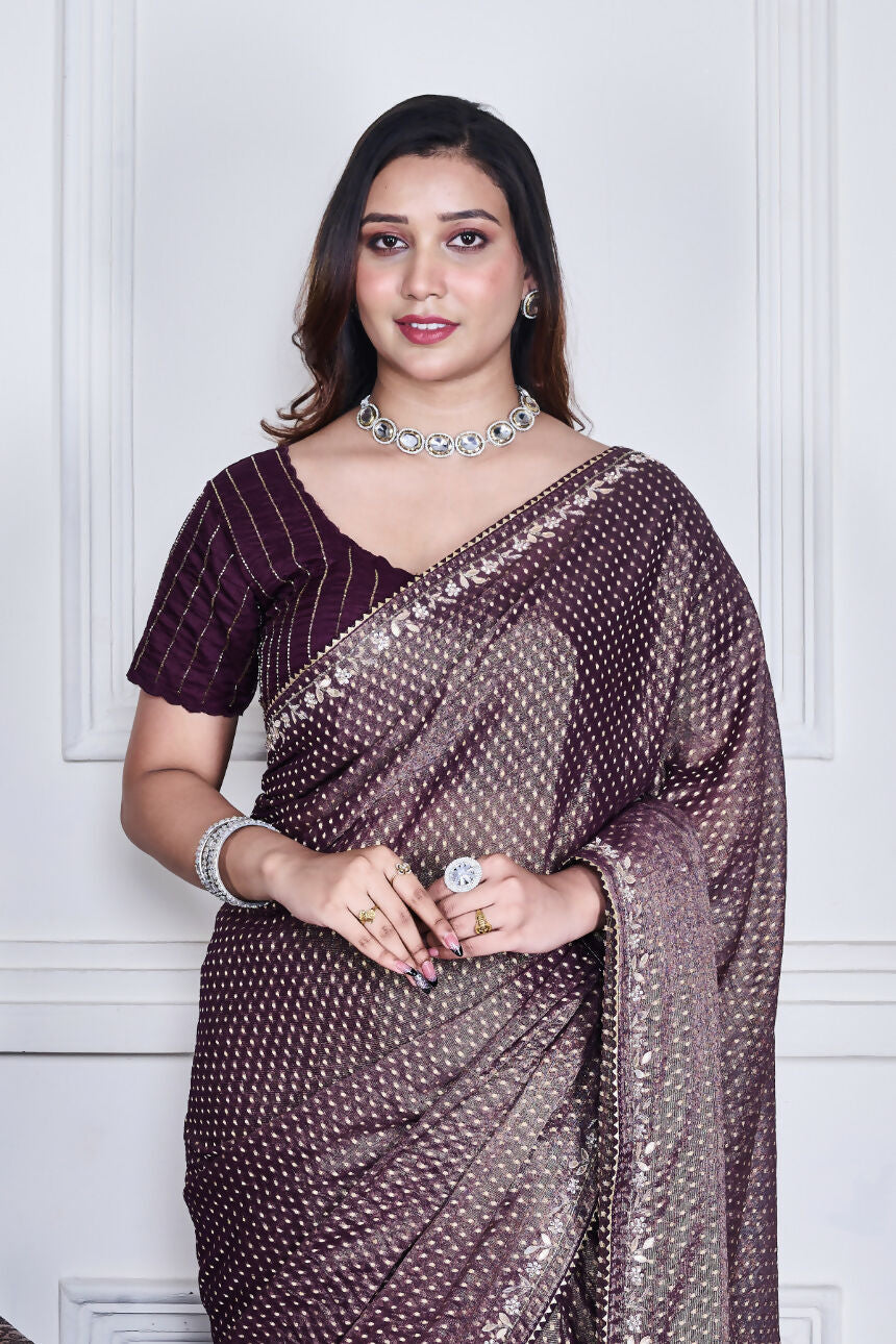 Morchari Purple Pure Chiffon Hand Embroidery Saree And Stitched Blouse | Grocsy