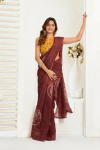 Vastranavya Dark Brown Digital Printed Linen Ready To Wear Designer Saree with Unstitched Blouse | Grocsy