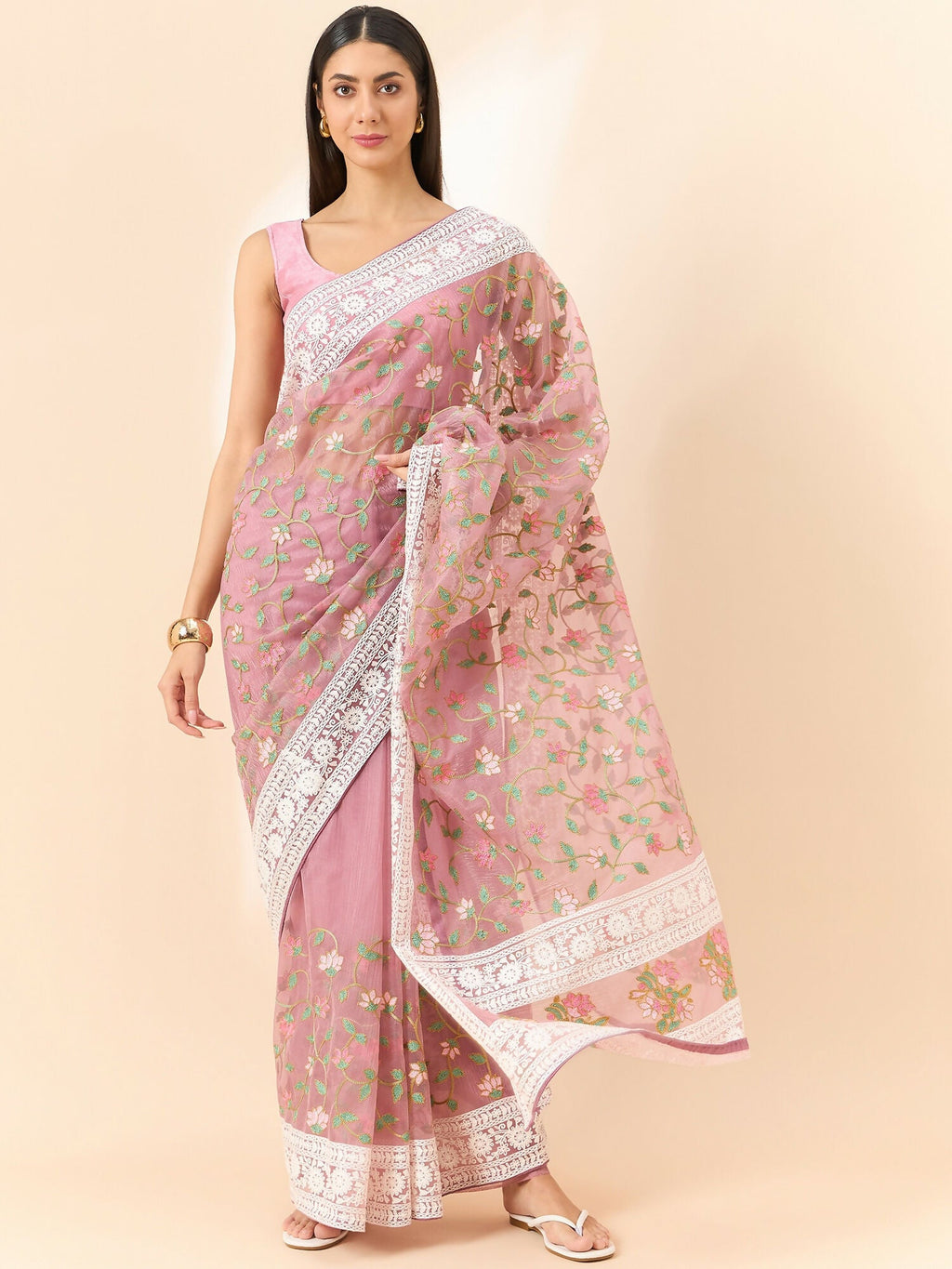 Pink Organza Floral Embroidered Saree with Unstitched Blouse Piece - Roozal | Grocsy