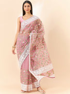 Pink Organza Floral Embroidered Saree with Unstitched Blouse Piece - Roozal | Grocsy