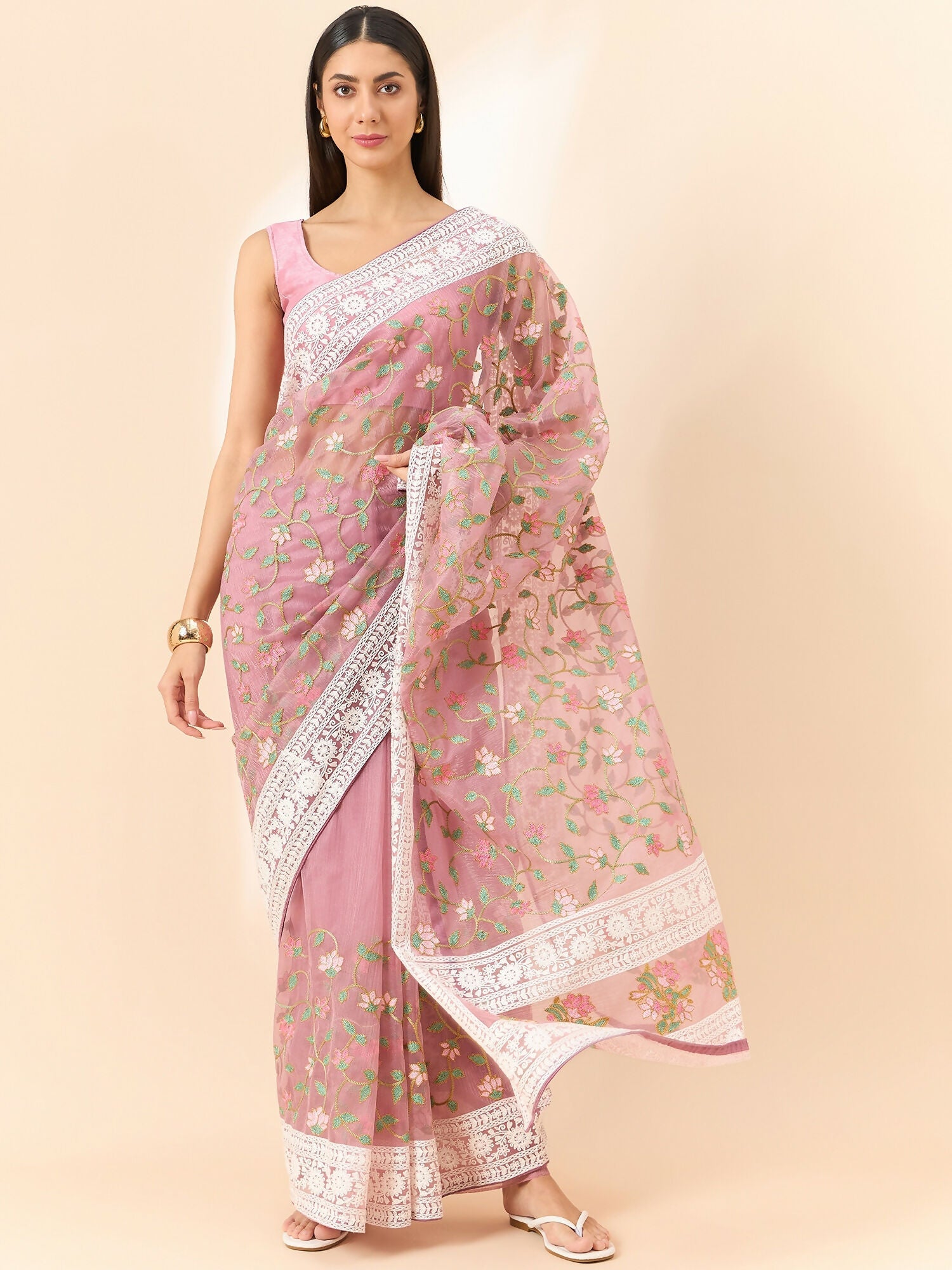 Pink Organza Floral Embroidered Saree with Unstitched Blouse Piece - Roozal | Grocsy