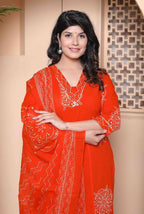 Miravan Womens Floral Printed Straight Fit Kurta With Palazzo And Dupatta - Orange | Grocsy
