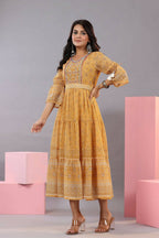Juniper Women Yellow Georgette Geometric Printed Tiered Maxi Dress | Grocsy