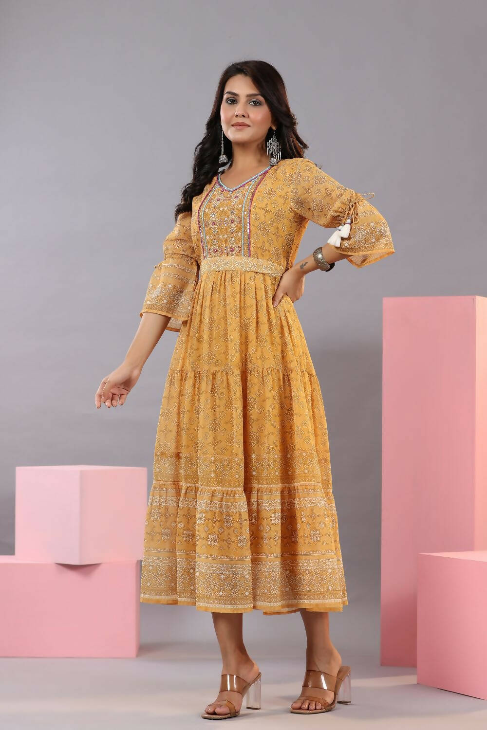 Juniper Women Yellow Georgette Geometric Printed Tiered Maxi Dress | Grocsy