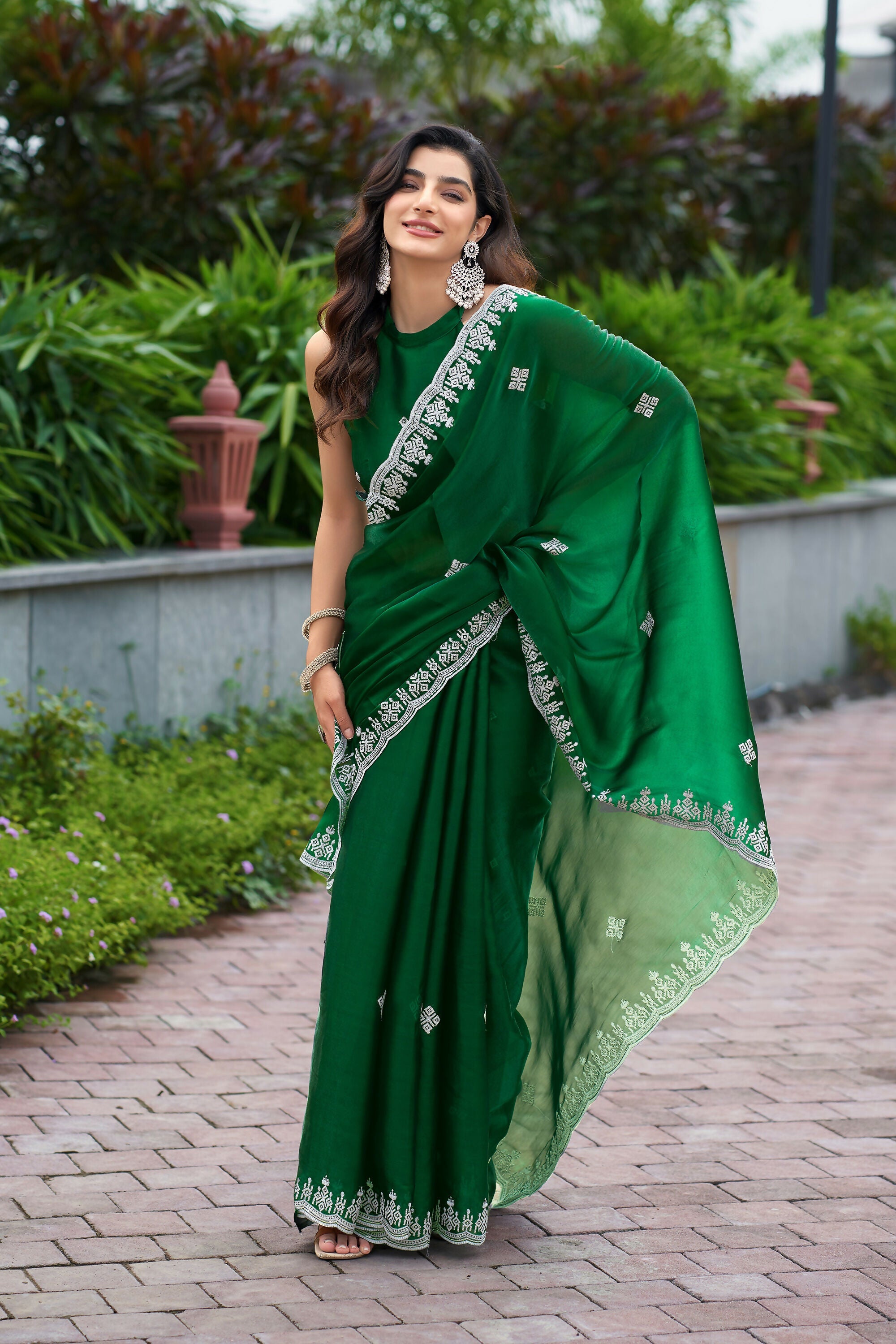 Vastranavya Green Embroidery Work Shimmer Chiffon Saree with Unstitched Blouse | Grocsy