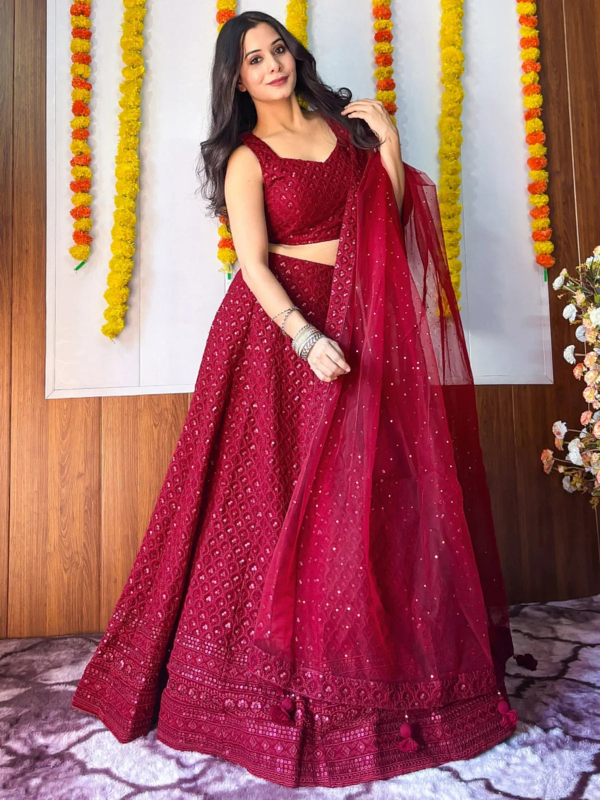Tulsi Art Sweet Maroon Sequins Georgette Festival Wear Lehenga Choli | Grocsy
