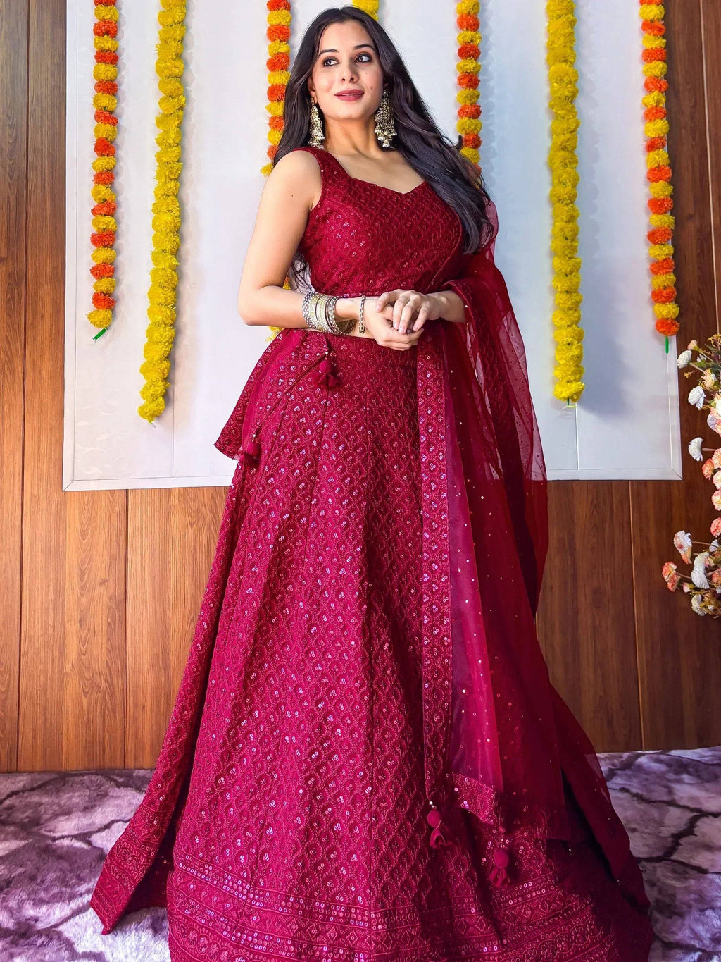 Tulsi Art Sweet Maroon Sequins Georgette Festival Wear Lehenga Choli | Grocsy