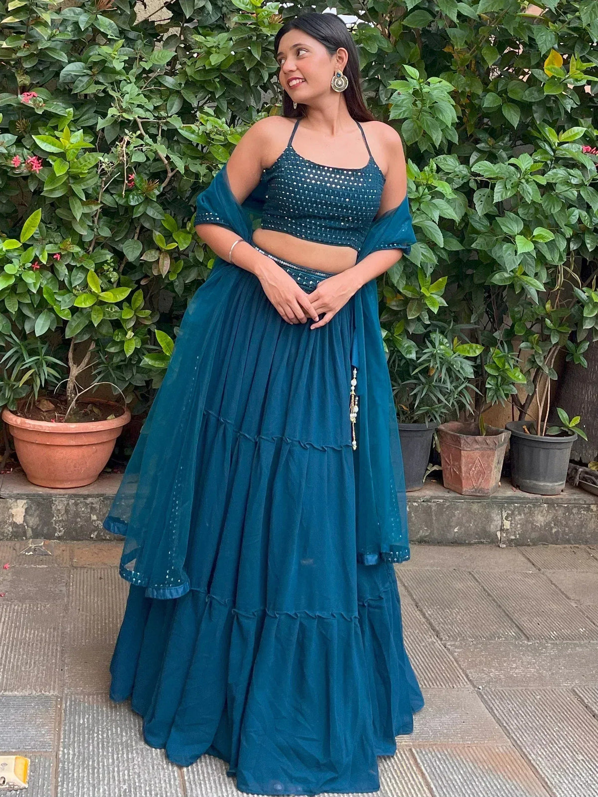 Tulsi Art Sweet Teal Blue Georgette Party Wear Lehenga Choli With Dupatta | Grocsy