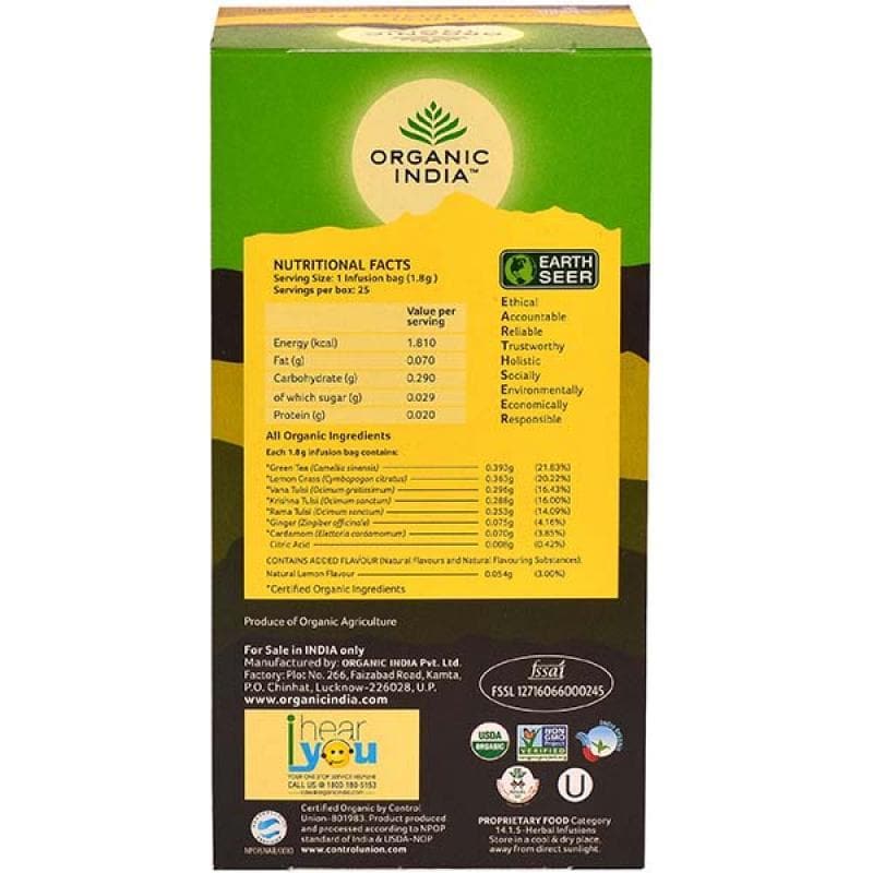 Organic India Tulsi Sweet Lemon Tea 25 Tea Bags | Grocsy