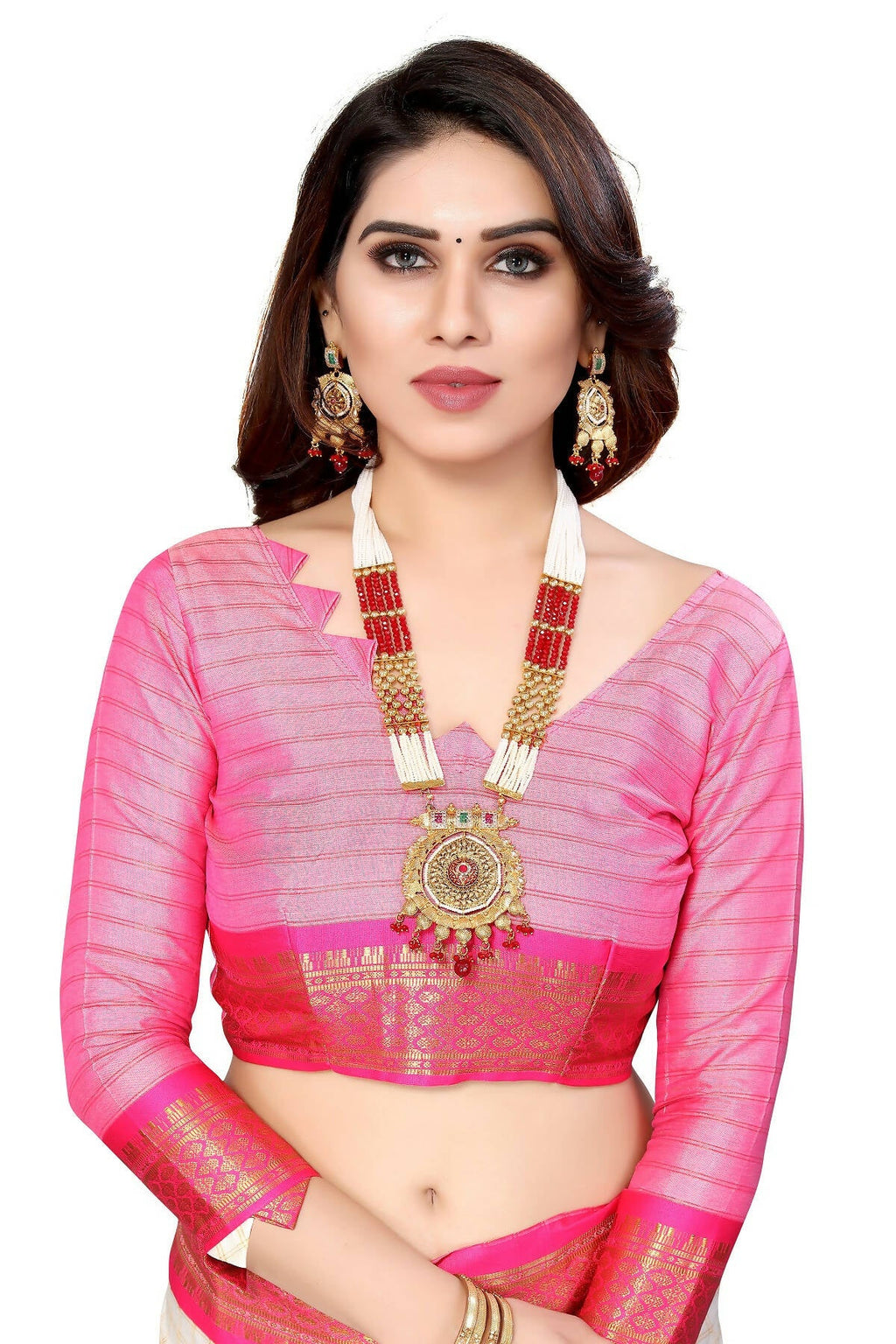 Vamika Weaving White Cotton Silk Saree (DEVAL PINK) | Grocsy