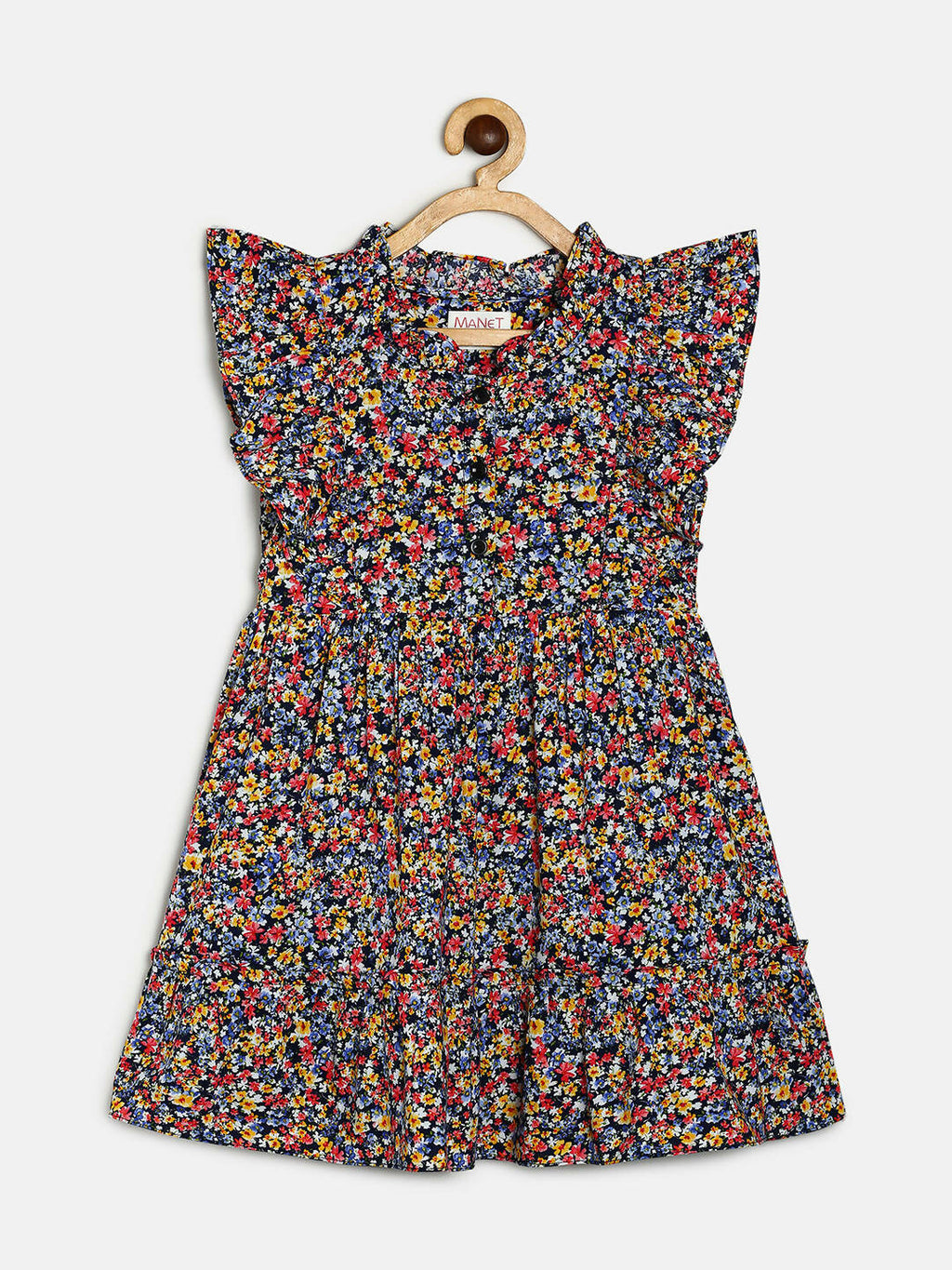 Manet Girls Cotton Frill Sleeve Frock Small Flower Print - Multicolour | Grocsy