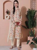 Jyoti Fashion Women's Beige Cotton Floral Digital Printed Kurta with Trouser & Dupatta | Grocsy