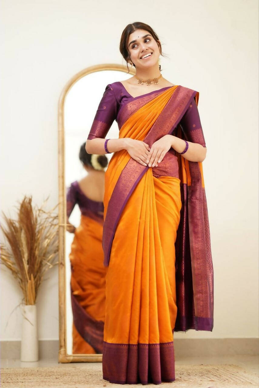 DEIANA'S Beautiful Designer Golden zari Soft Lichi Silk Saree - Yellow | Grocsy