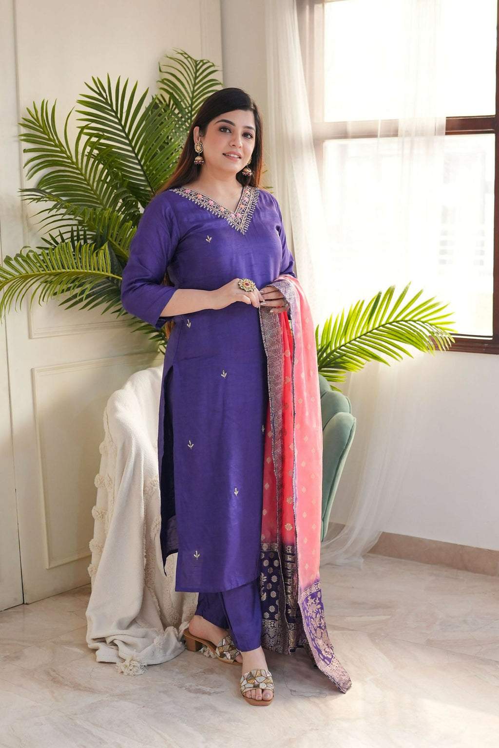 The52 Purple Women's Gorgeous Embroidered Vichitra Fabric Straight Kurta Pant with Dupatta Set | Grocsy