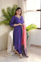 The52 Purple Women's Gorgeous Embroidered Vichitra Fabric Straight Kurta Pant with Dupatta Set | Grocsy