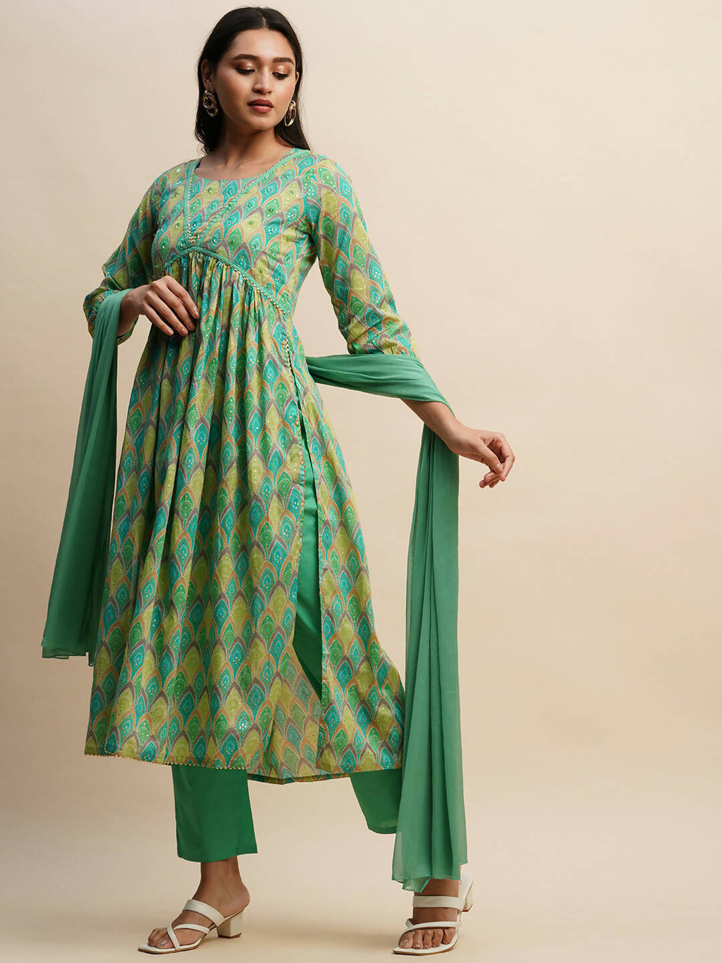Sea Green Pure Cotton Bandhani Printed Naira Cut Kurta And Bottom With Dupatta - Akashara | Grocsy