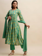Sea Green Pure Cotton Bandhani Printed Naira Cut Kurta And Bottom With Dupatta - Akashara | Grocsy