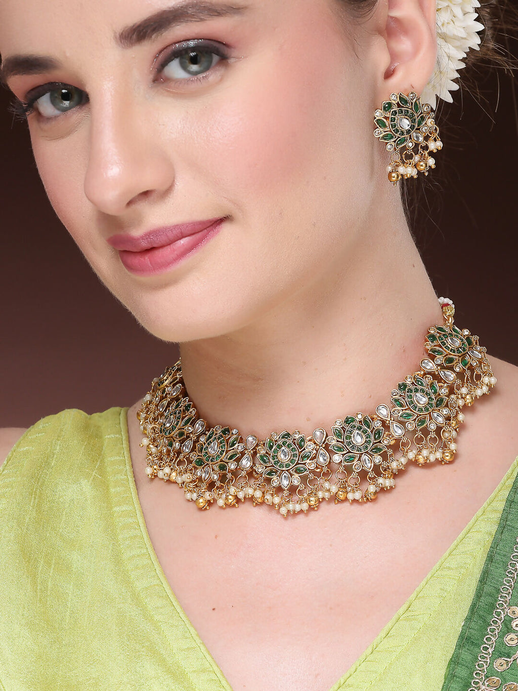 NVR Women's Gold-Polished Green Kundan- Studded & Beaded Handcrafted Temple Jewellery Set | Grocsy