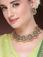 NVR Women's Gold-Polished Green Kundan- Studded & Beaded Handcrafted Temple Jewellery Set | Grocsy