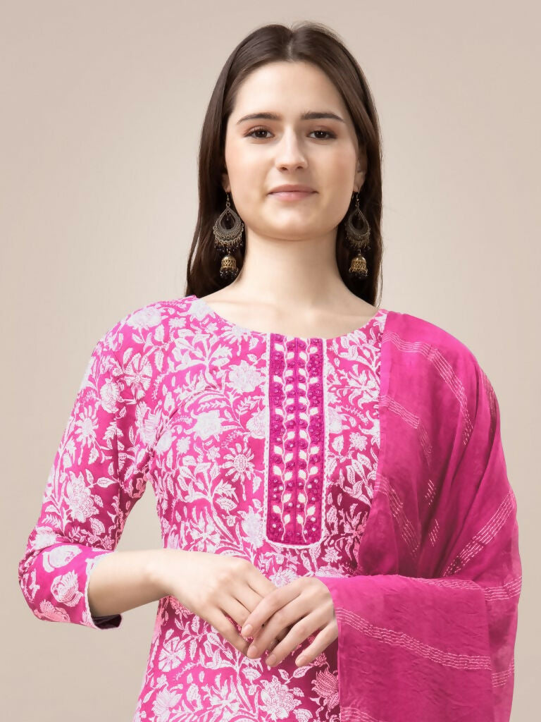 Jyoti Fashion Women's Pink Rayon Print with Embroidery & Fancy Lace Work Kurta with Trouser & Dupatta | Grocsy