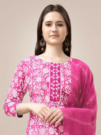 Jyoti Fashion Women's Pink Rayon Print with Embroidery & Fancy Lace Work Kurta with Trouser & Dupatta | Grocsy