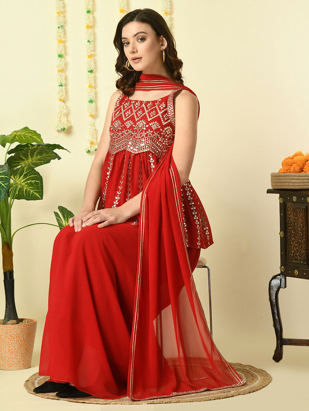 Myshka Women's Red Georgette Top & Skirt With Dupatta Party Sets | Grocsy