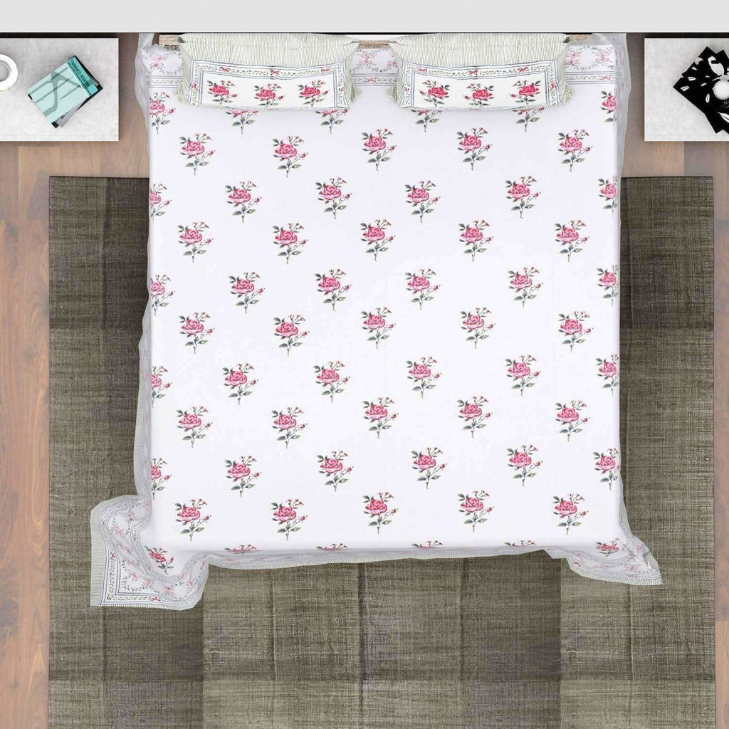 Hand Block Printed Double/Queen 90x108 Inches Bedsheet/Bedspread with 2 Pillow Covers | Grocsy