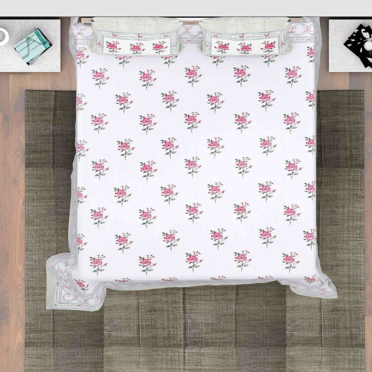 Hand Block Printed Double/Queen 90x108 Inches Bedsheet/Bedspread with 2 Pillow Covers | Grocsy