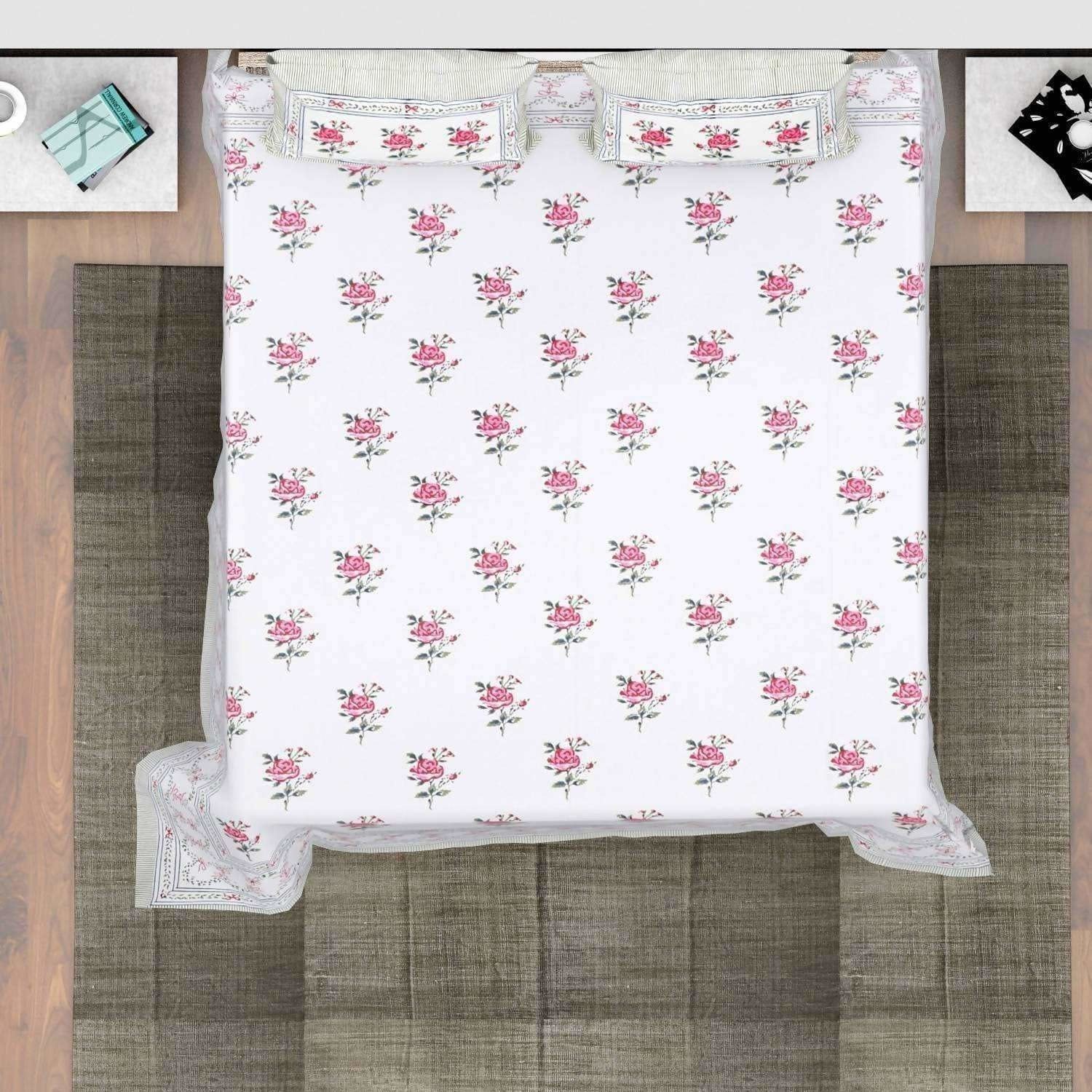 Hand Block Printed Double/Queen 90x108 Inches Bedsheet/Bedspread with 2 Pillow Covers | Grocsy