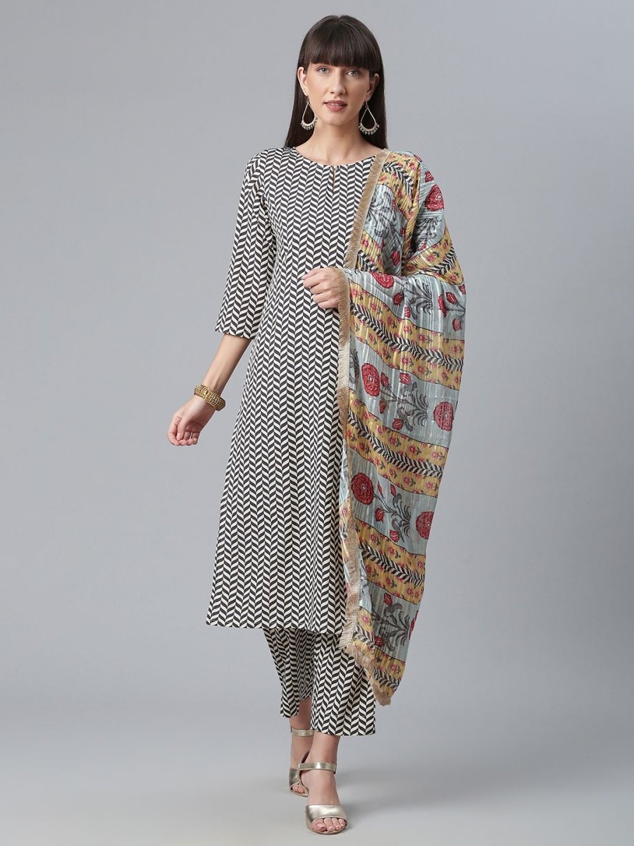 Ahalyaa Black & White Digital Print Crepe Kurta and Pant With Dupatta Set | Grocsy