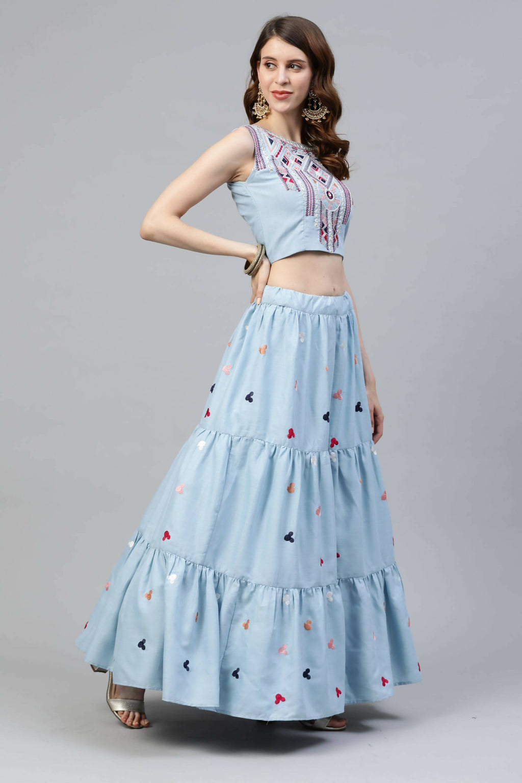 Sky Blue Cotton Embroidered Work Lehenga Choli with Dupatta - Jivika | Grocsy
