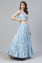 Sky Blue Cotton Embroidered Work Lehenga Choli with Dupatta - Jivika | Grocsy