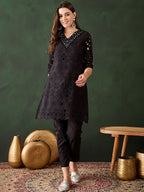 Sangria Embroidered Regular Mirror Work Pure Cotton Kurti With Trousers | Grocsy